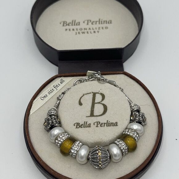 Bella Perlina Silver, White & Gold Beaded Slide Charm Bracelet New - Picture 1 of 5
